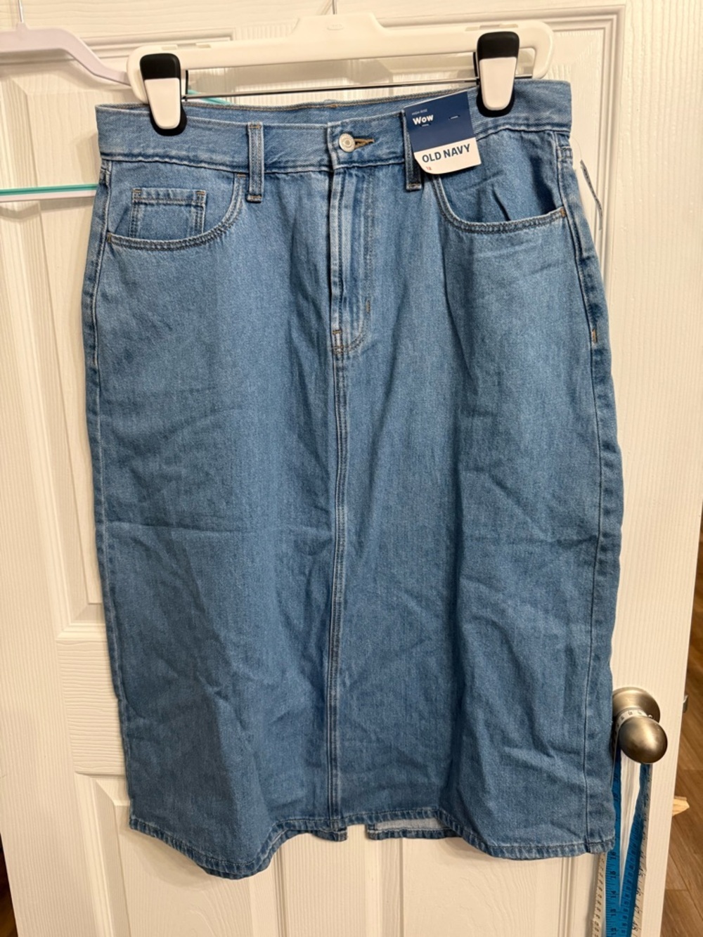 Old Navy Denim Skirt Womens 12 Wow High Rise Waisted Midi Pockets Stretch NWT
